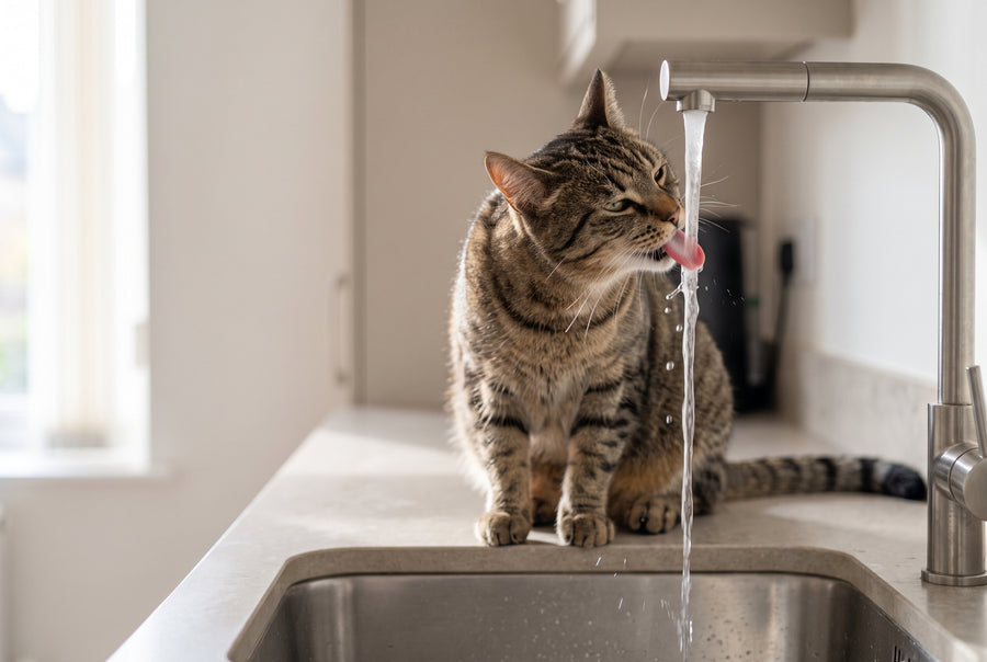A cat drinking from a running kitchen tap
