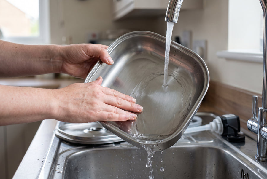 Hands rinsing the stainless steel fountain reservoir under a running kitchen tap