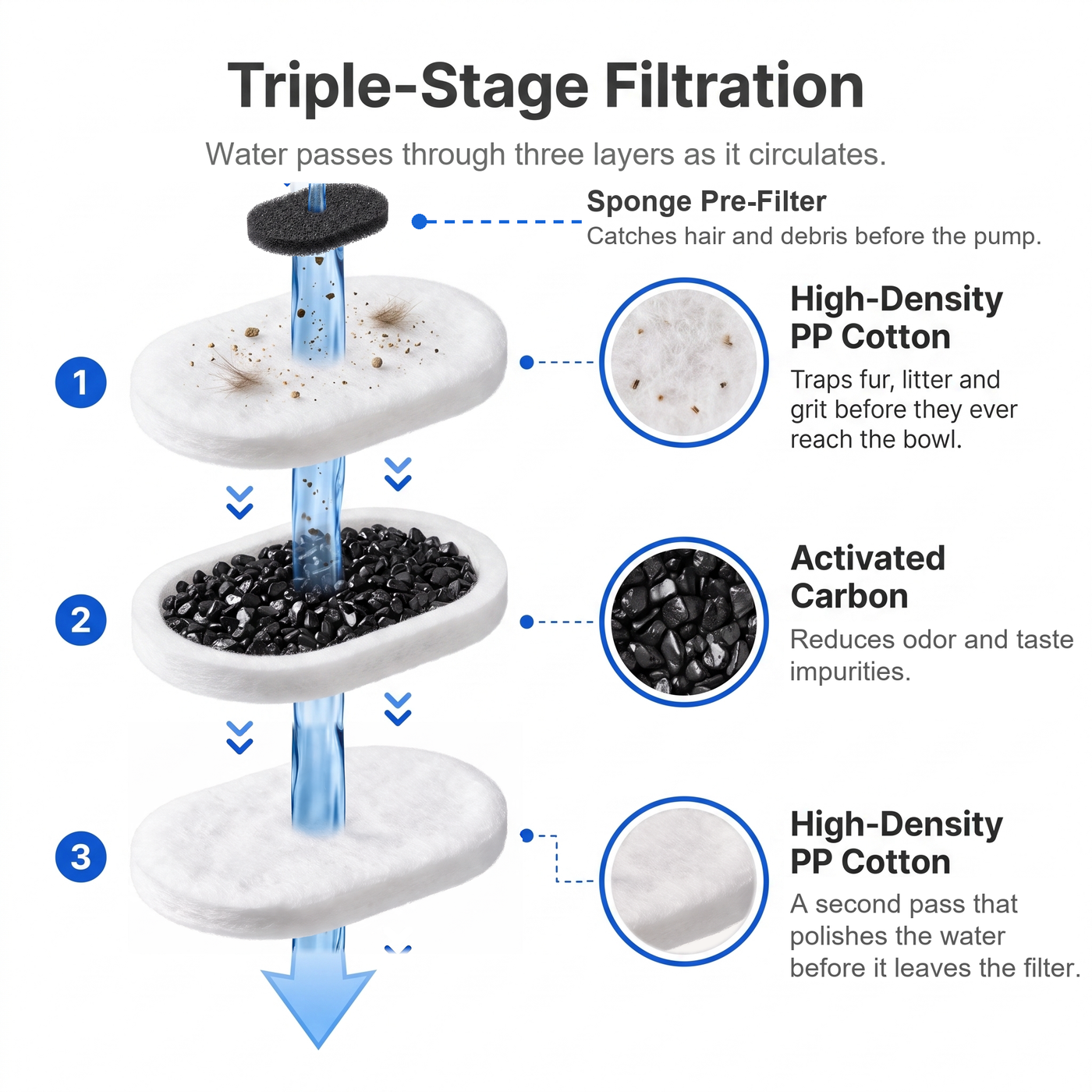 Everlo triple-stage filtration: a sponge pre-filter catches hair and debris before the pump, then high-density PP cotton, activated carbon, and a second high-density PP cotton pass.