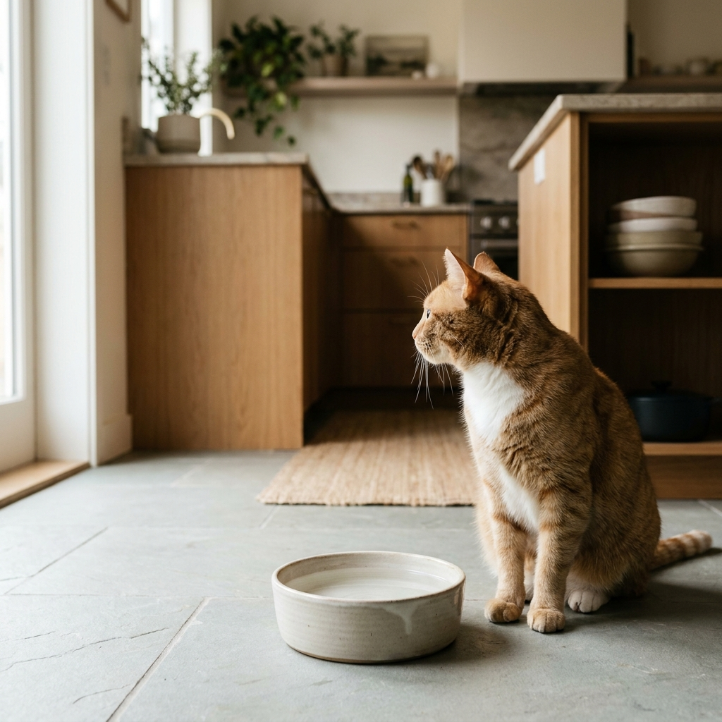A ginger cat sitting beside a full ceramic water bowl on a kitchen floor, turned away from it