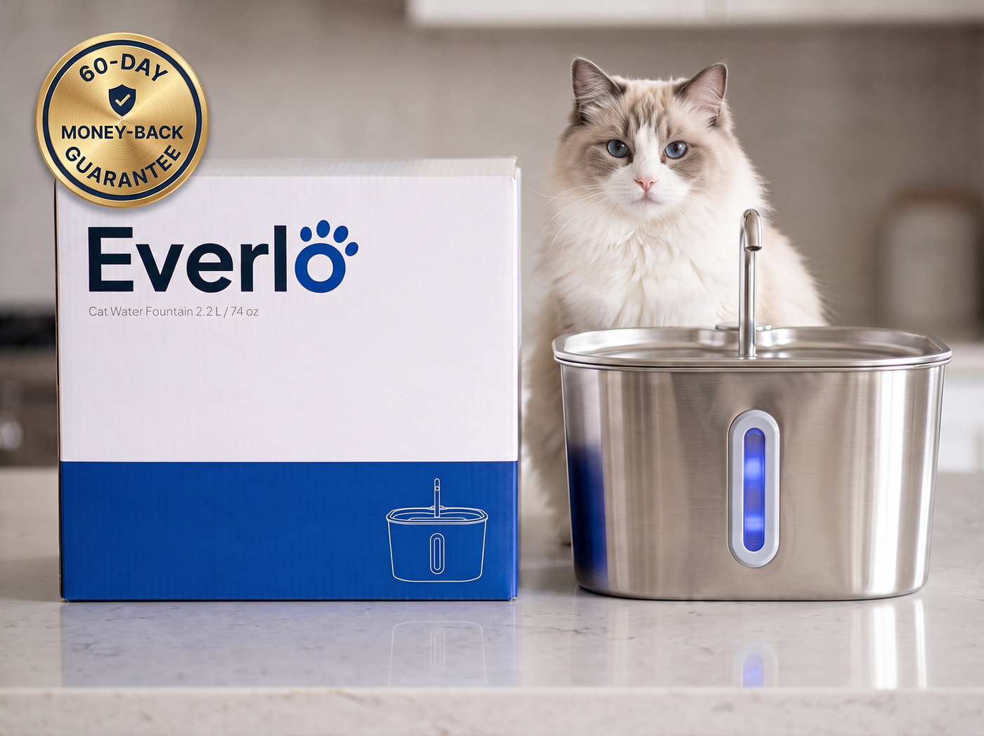 The Everlo stainless steel cat water fountain beside its box